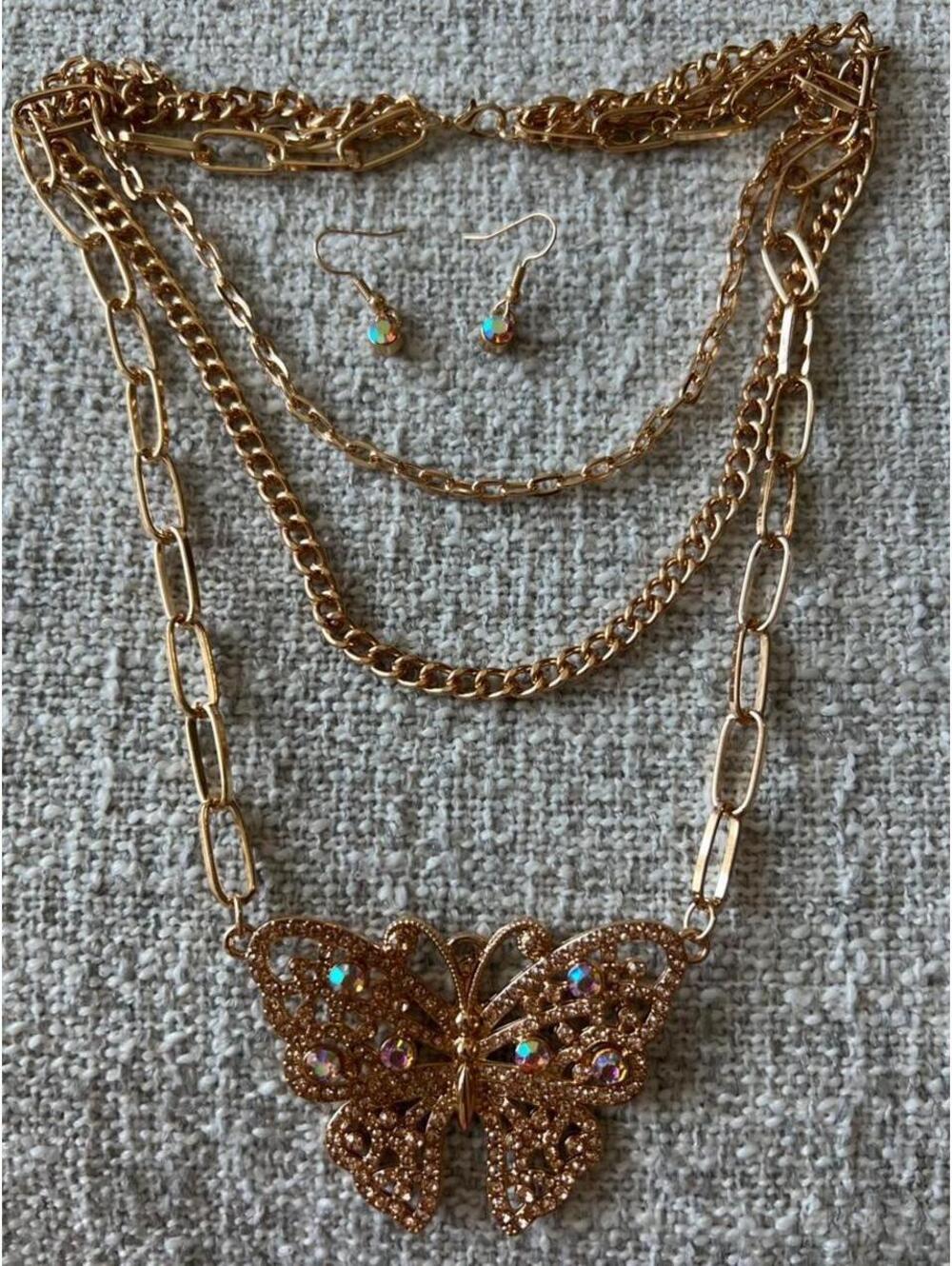 Vintage Layered Butterfly Necklace & Rhinestone Earring Set